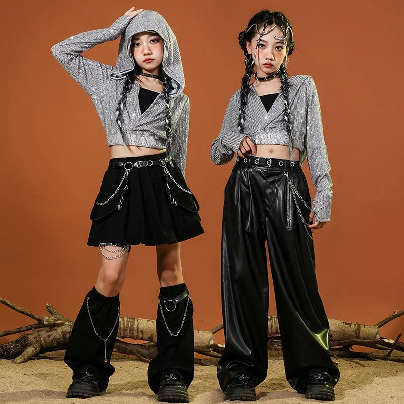 Teenager's Jazz Dance Costumes Low-Cut Silver and Black Sparkle Sequin Show Jazz Dancewear for Kids Hip-Hop Performance Outfits