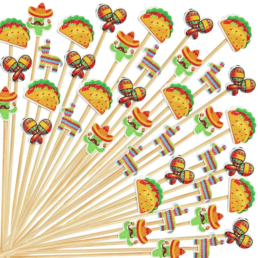 

100 pcs Cupcake Toppers Mexican Cocktail Toothpick cocktail picks Cactus Hat Bamboo Food Appetizer Sticks for Cinco De Mayo Ca