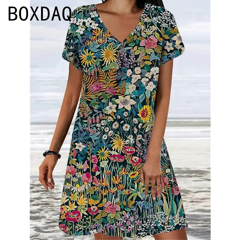 Women's Summer Short Sleeved V-neck Dress 3D Vintage Floral Printed Casual Dress Big Size 3XL Female Beach Party Dress Vestidos