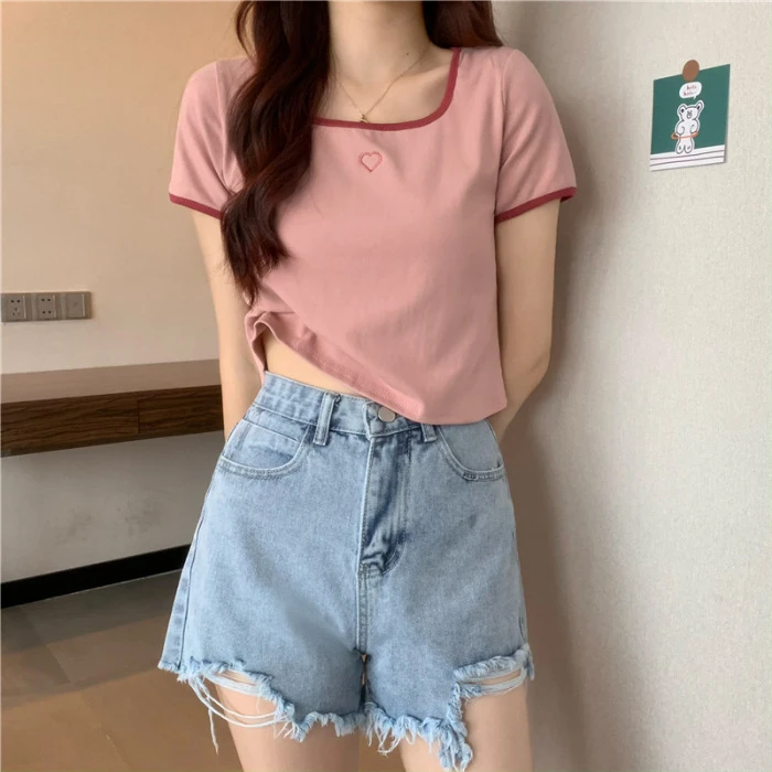 2024 Summer Fashion Y2K T-shirt Woman Heart Embroidered Crop Top Women Sexy Short Sleeve Tee Shirt Femme INSClothes Tshirts