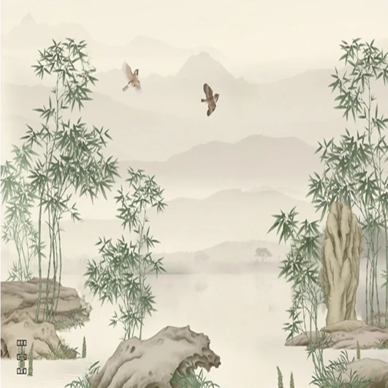 Custom Wall Murals Modern Chinese Style Wallpaper - Artistic Hand-Painted Bamboo Forest Bird Wall Art Painting for Living Room