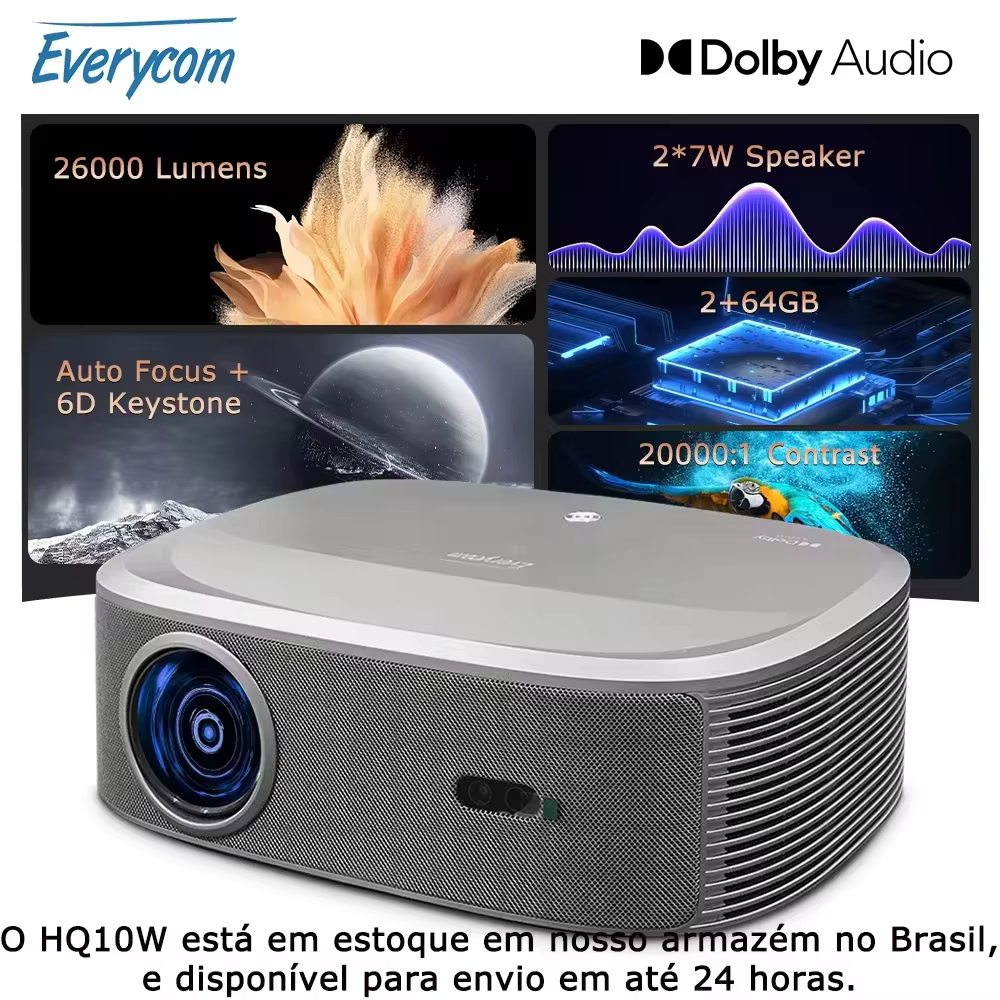 Projetor Full HD Everycom HQ10W com Áudio Dolby e Vídeo 4K, Smart TV para Casa, 1080P, 26000 Lúmens, 2+64GB, Projetor de Cinema em Casa