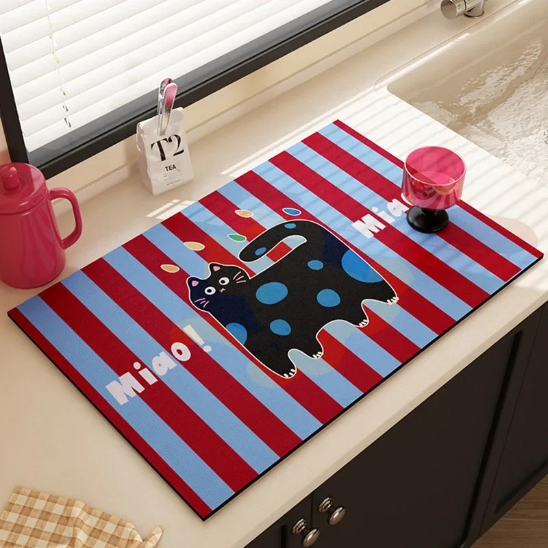 Cartoon Cat Dish Drying Mat Absorbent Red Blue Stripe Counter Pad Non-Slip Rubber Mew Kitten Tableware Placemat