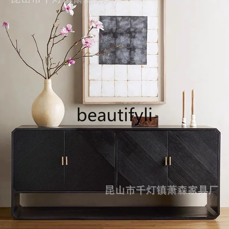 

French Retro Black Solid Wood Sideboard Living Room Vintage TV Cabinet Storage Entryway Cabinet Small Apartment