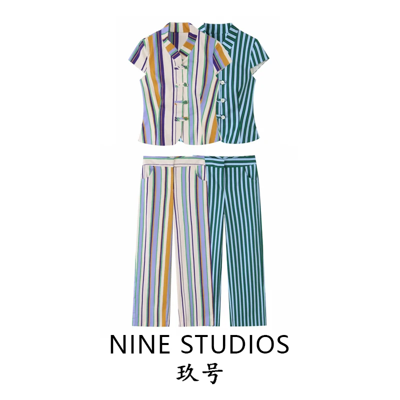 Conjunto de Dos Piezas de Verano para Mujer NINE ZAR, Camiseta con Nudo de Cuerda a Rayas y Pantalones de Pierna Recta, Manga...