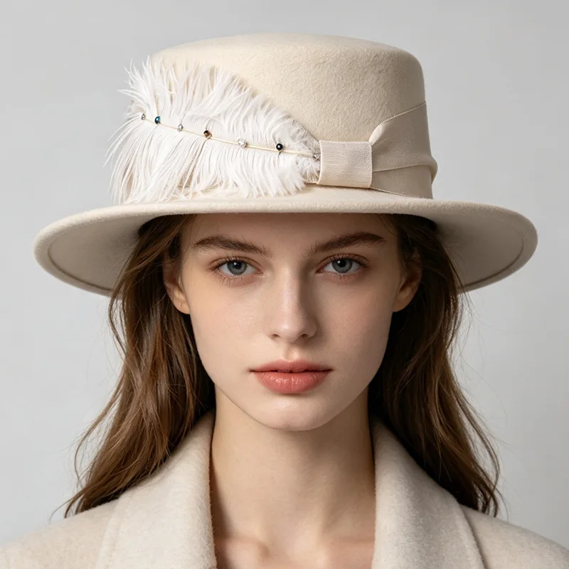 2026 French Luxury Ostrich Feather Rhinestone Trimmed Flat Top Wool Hat Elegant Fashionable Ideal Highclass Social Event