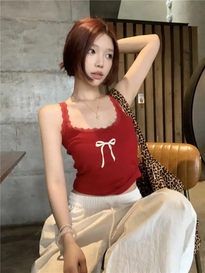 Y2K Goth Kwaii K-fashion Bow Stampa Canotta Donna Sexy Rosso Canotta corta Slim Vintage Tees Maglietta Kpop Canotte Donna Abbigliamento