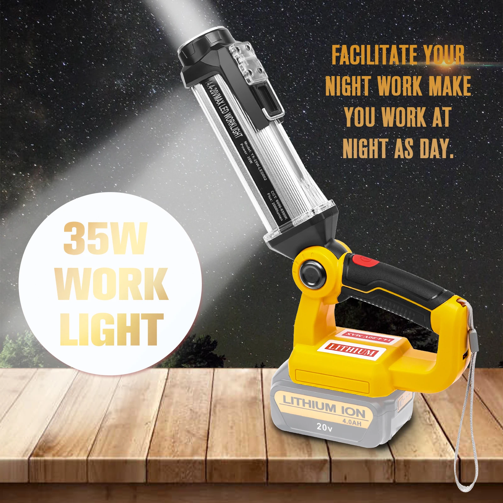 2000LM LED Work Light for Dewalt 20V Lithium-ion Battery Portable Light Horizontal Down Light Outdoor Handheld Flashlight 35W