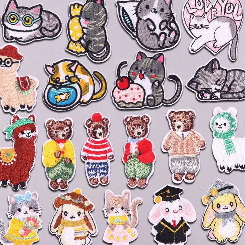 Cartoon Cat bear Embroidered Patches for Clothing Cute Animals Rabbit  Iron on Patches on Clothes Jacket Fusible Patch Stickers