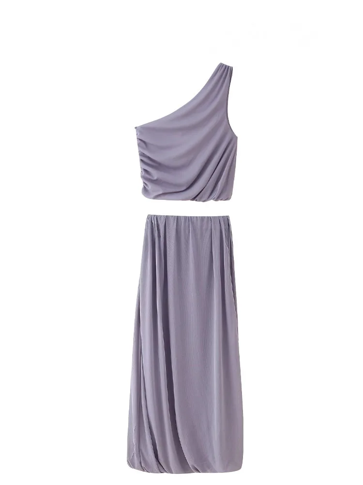 HH verano mujer nueva moda sin mangas sólido pliegue decoración asimetría espalda descubierta Top corto + Casual falda de tul de cintura media traje