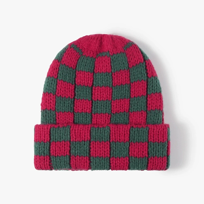Schachbrett-Strickmütze, Herbst und Winter, koreanischer Stil, Nische, großer Kopfumfang, Wollmütze, japanischer Stil, Weihnachtsmütze – Detail 9