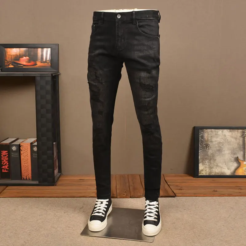 Jeans rasgado vintage com ajuste magro masculino, calça lápis, jeans elástico, preto, elástico, casual, moda recém-estilista