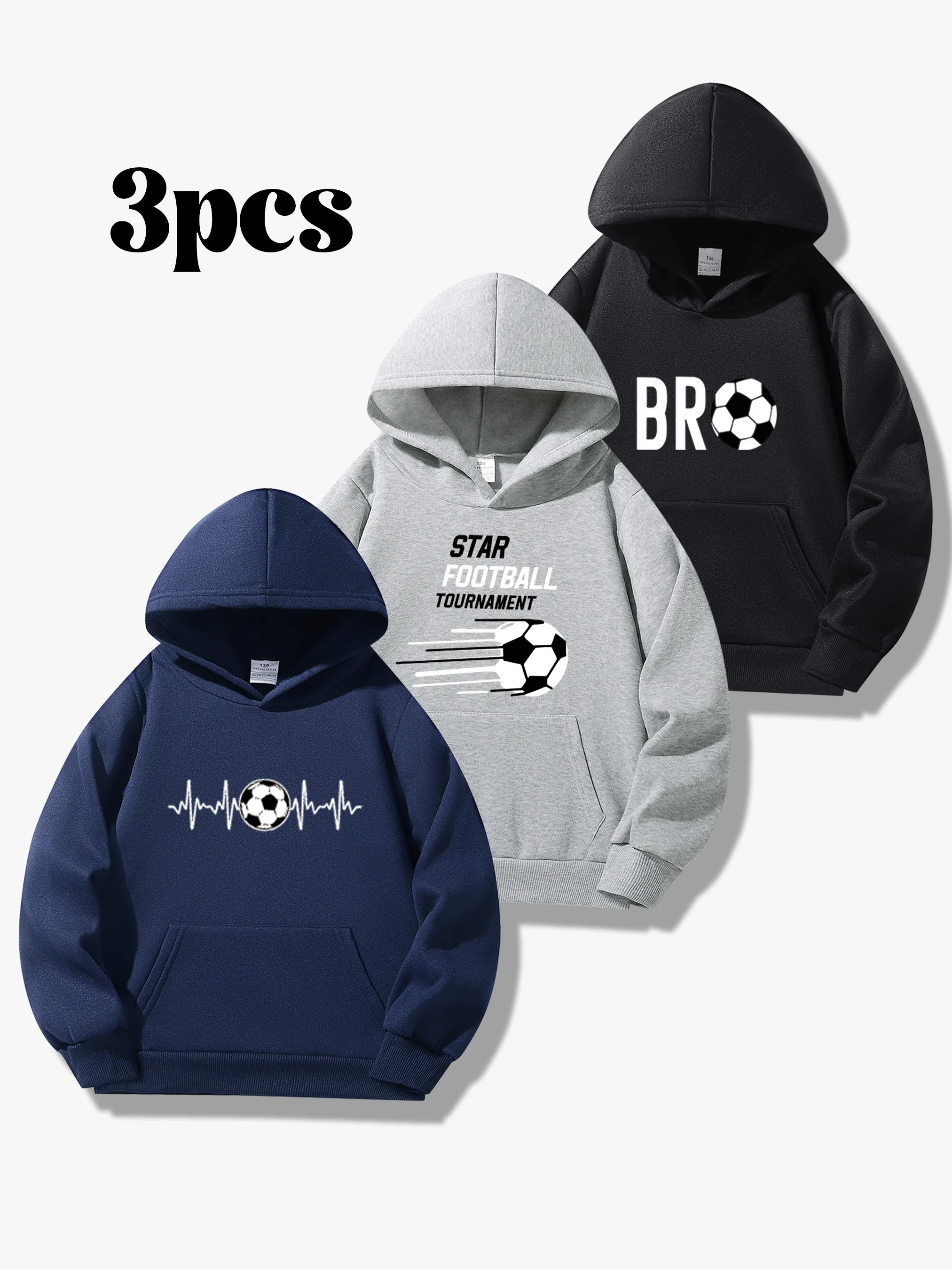 

3-Piece Set Boys' Hoodies: Stylish Casual Soccer Print Comfortable Versatile Outdoor Sports Tops