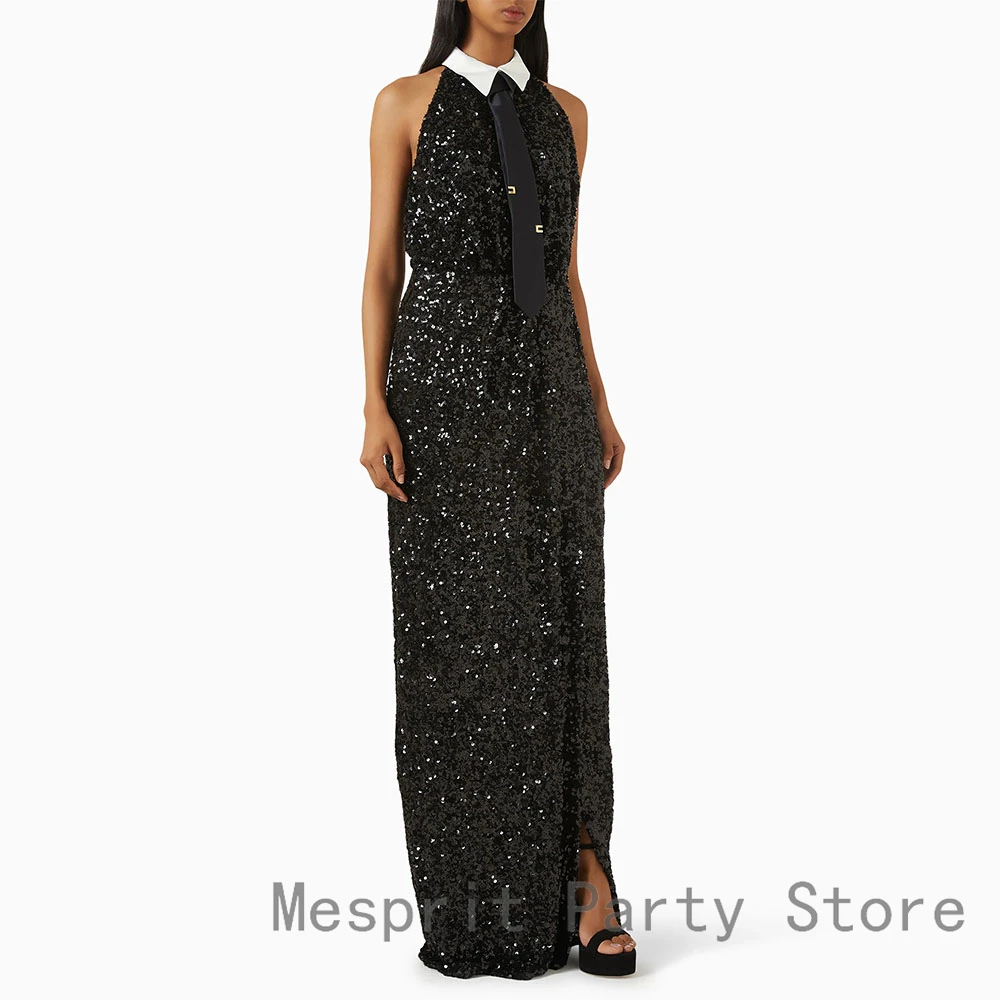 Robe de bal fourreau à paillettes personnalisée, col rond, sans manches, robe de soirée de mariage formelle, longueur au sol, robe saoudienne