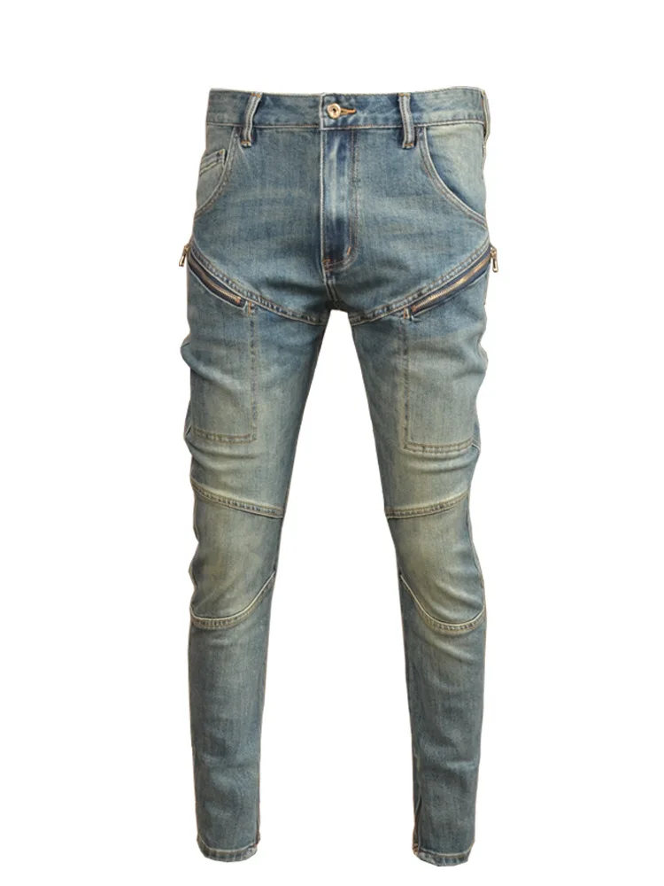 Retro Distressed Stitching Motorcycle Jeans Men's Personalized Men's Clothing Stretch Slim Fit Skinny High-End High Street Pants