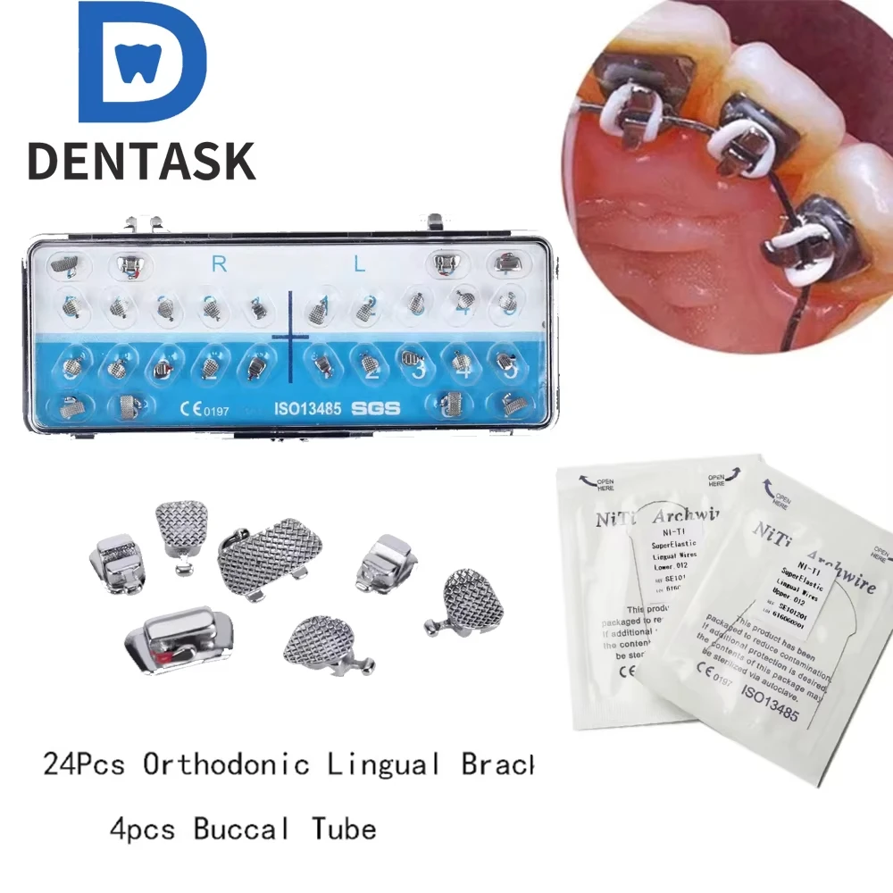 28 unids/caja de soportes linguales de Metal de ortodoncia Dental, tubo bucal de ortodoncia, 4 bolsas de alambre lingual 12 14 16 18 20 herramientas de odontología