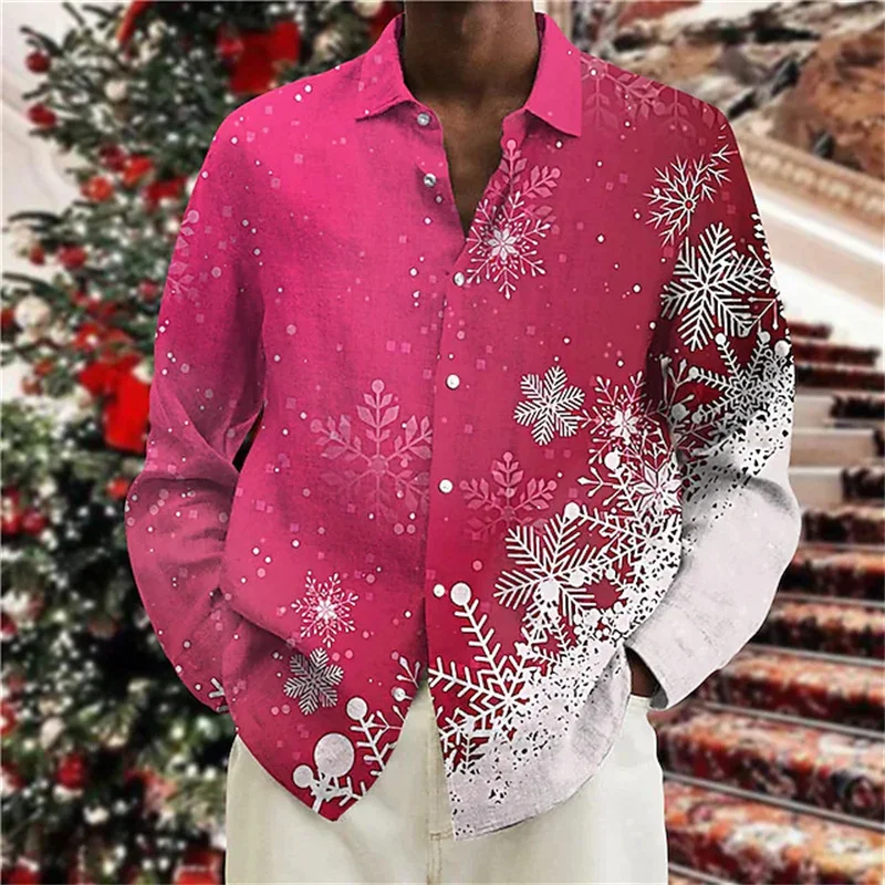 2023 Christmas Theme Snowflake 3D Printing Men\'s Button Up Shirt Men\'s Long Sleeve Holiday Party Top New Year Couple Shirt 6XL