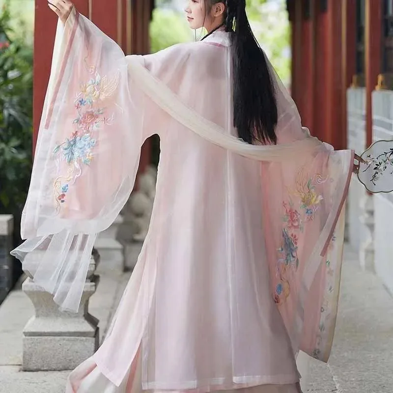 فستان هانفو كبير الحجم للنساء الصيني التقليدي القديم أزياء هانفو التأثيرية المطرزة باللون الوردي والأزرق فستان حفلات هانفو مقاس كبير