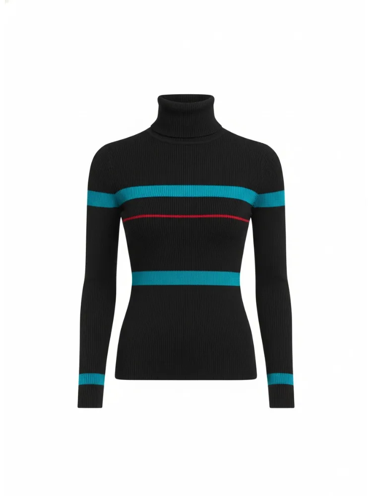 Onecozyday 女性の秋のスタイリッシュな服コントラストカラーストライプタートルネックセーターハイウエストストレートパンツカジュアルスーツ