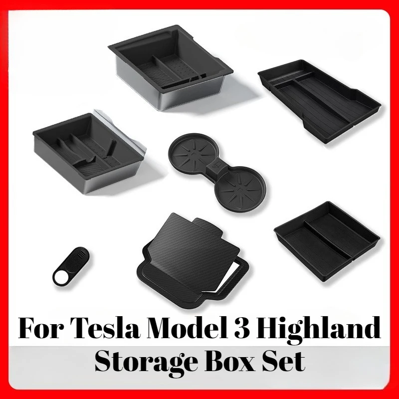 

For 24 Tesla Model 3 Highland Center Console Armrest Storage Box Set Non-Slip Cup Pads Organizer Trays Car Interior Accessories