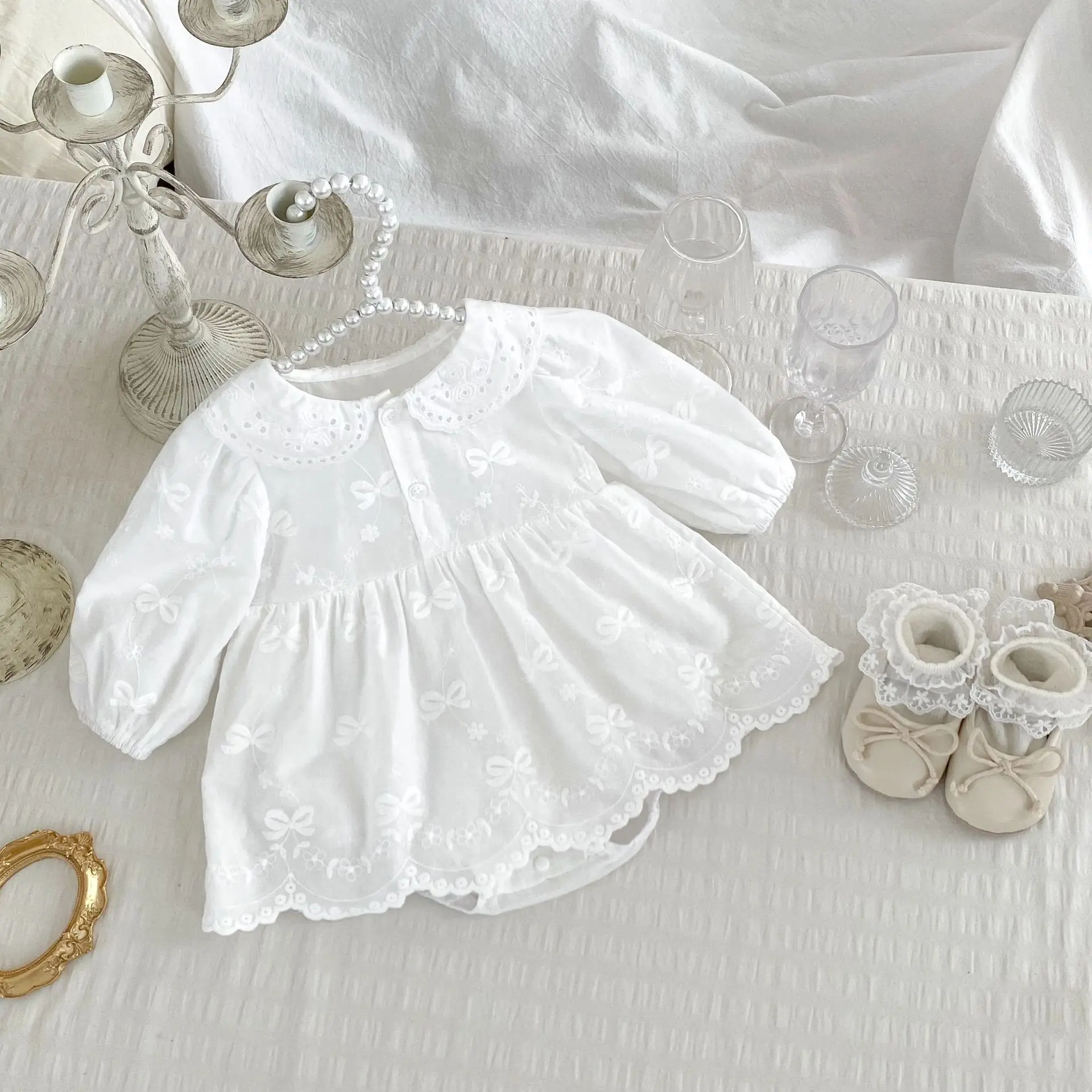 

0-3 Years Old Baby Spring Dress Baby Girl Solid Color Lapel Long-sleeved Princess Dress Climbing Dress Bow Fart Skirt Romper