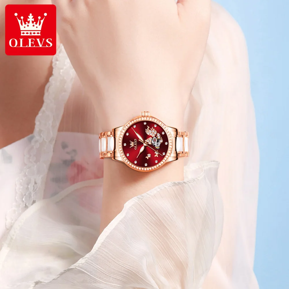 OLEVS-Montre Mécanique existent pour Femme, Bracelet Céramique Étanche, Cadeau Luxe, Dames, Original, Top Marque, 7001