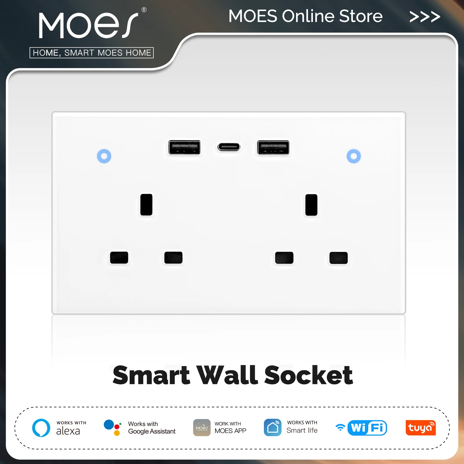 

MOES Tuya WiFi Smart Wall Socket UK Outlet 13A Touch Switch USB Type-C Charging Ports Remote Energy Monitoring Work With Alexa