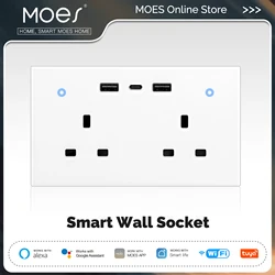 MOES Tuya WiFi Smart Wall Socket UK Outlet 13A Touch Switch USB Type-C Charging Ports Remote Energy Monitoring Work With Alexa