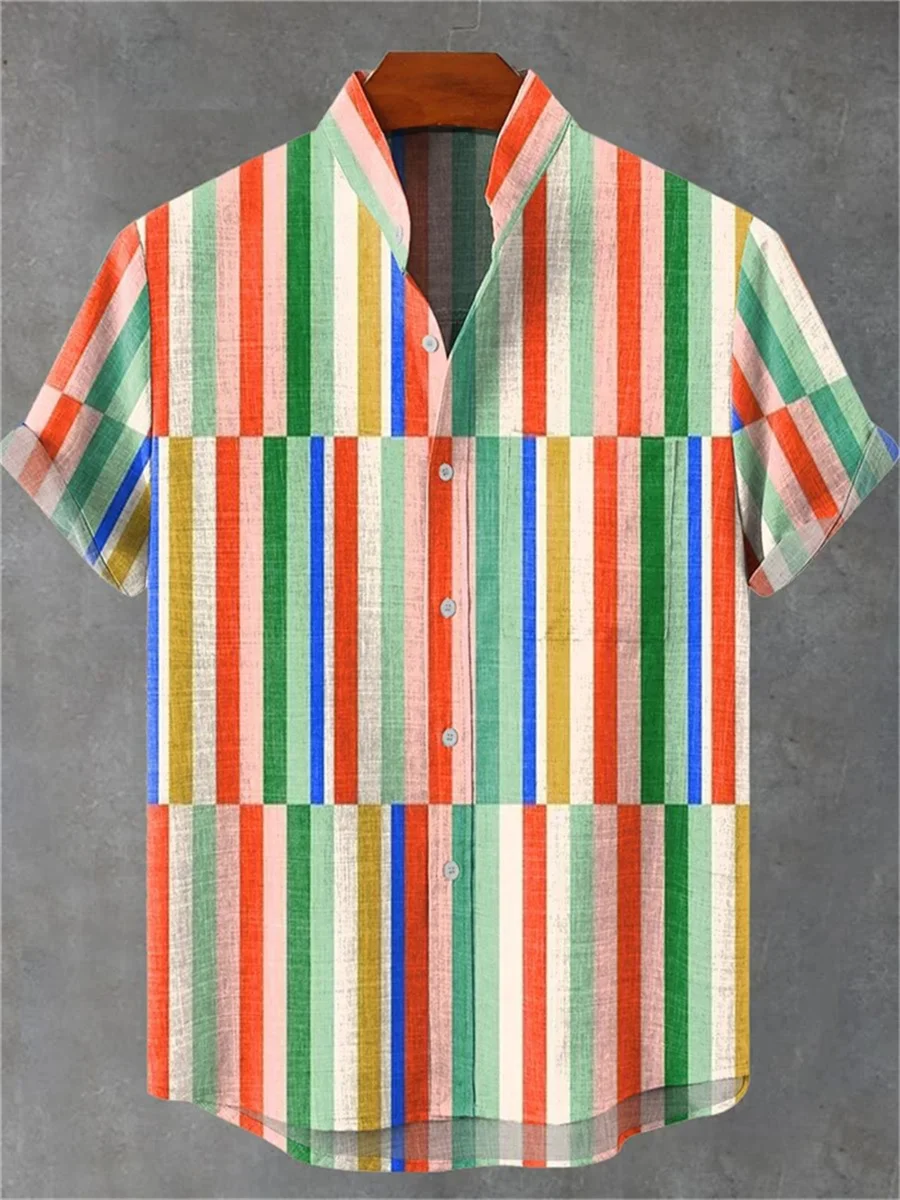 New summer new multicolor geometric stripes 3D printing casual fashion linen men's stand collar large size short shirt