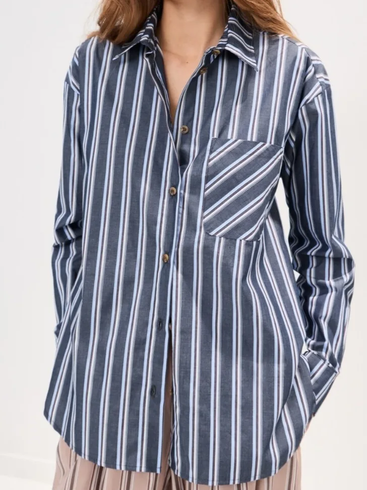 

Summer New plus Size Women's Single Button Flip Collar Vertical Stripes Long Sleeve Loose Casual Top Shirt Polyester Fiber