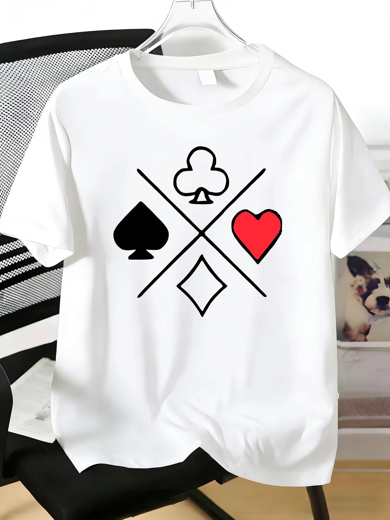 Mens Crew Neck T Shirt Poker Four Suits Cross Print Spade Heart Club Diamond Casual Soft Short Sleeve Daily Streetwear Male Tee