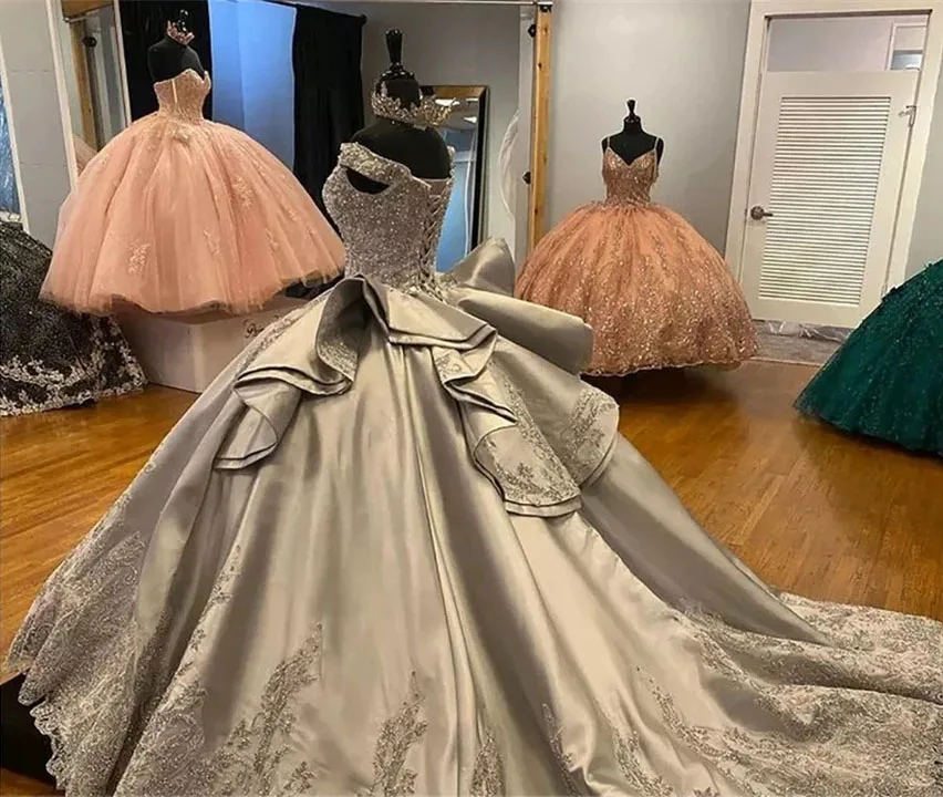 Gaun Quinceanera abu-abu gaun pesta tanpa bahu Satin applique manis 16 Gaun 15 AFO Meksiko