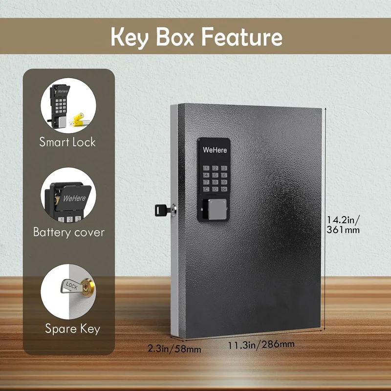 WeHere Key Safe Box (32 Keys),with APP Bluetooth/fixed/dynamic Password/OTP Shared Unlocking Security Lockbox for Key Management