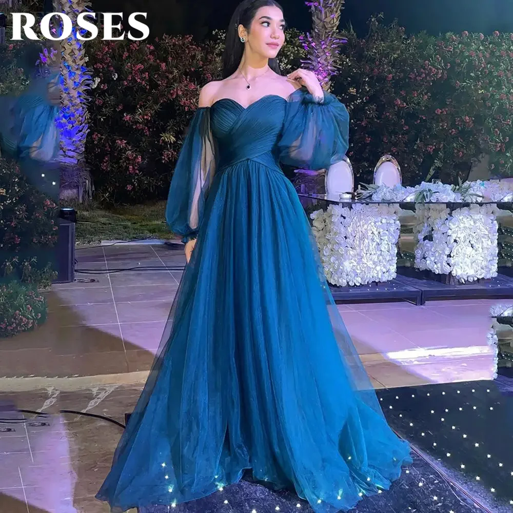 

ROSES Blue A Line Chic Woman Evening Dress Gown Off the Shoulder Full Sleeve Ball Gown Sweetheart Night Dress robes de soirée