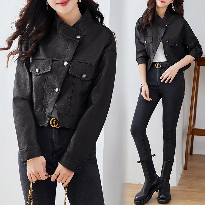 

Fashionable and trendy women's leather jacket short jacket 2024 spring new washed leather Korean version slimming sheepskin