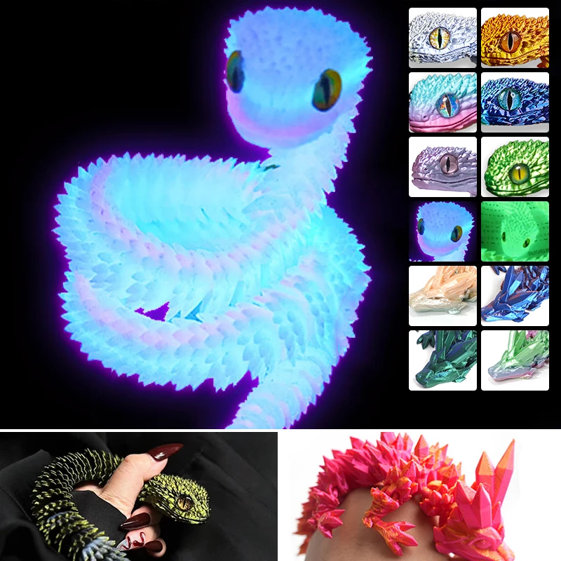 3D Noctilucent Printed Figure Snake Articulated Bush Viper Toy-Dragon Snakes Integrated Joint Mobility Statue Ornament Kids Toys