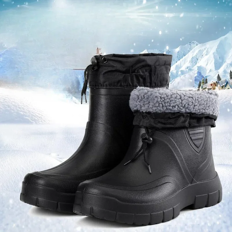 

Men's Snow Boots EVA Soft Sole Velvet Lining Warm Non-slip Cotton Shoes Outdoor High Top Rain Boots Cotton Men's Fishing Shoes