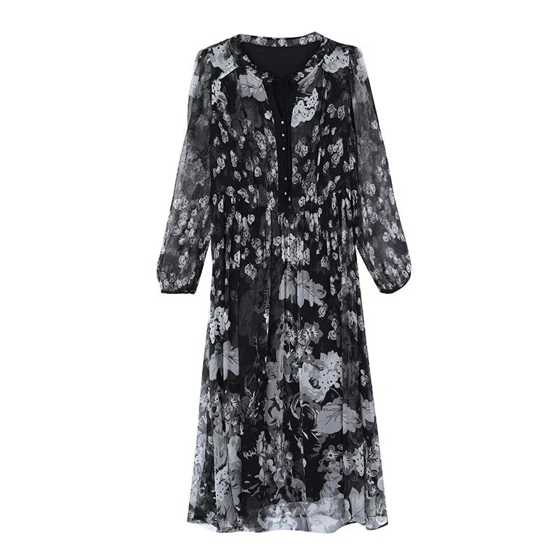 ฤดูร้อนหรูหราผ้าไหม Casual Midi ชุดสตรี Vintage Floral Elegant ชุดราตรีชุดราตรีฤดูใบไม้ผลิ Holiday Boho Hepburn Vestidos