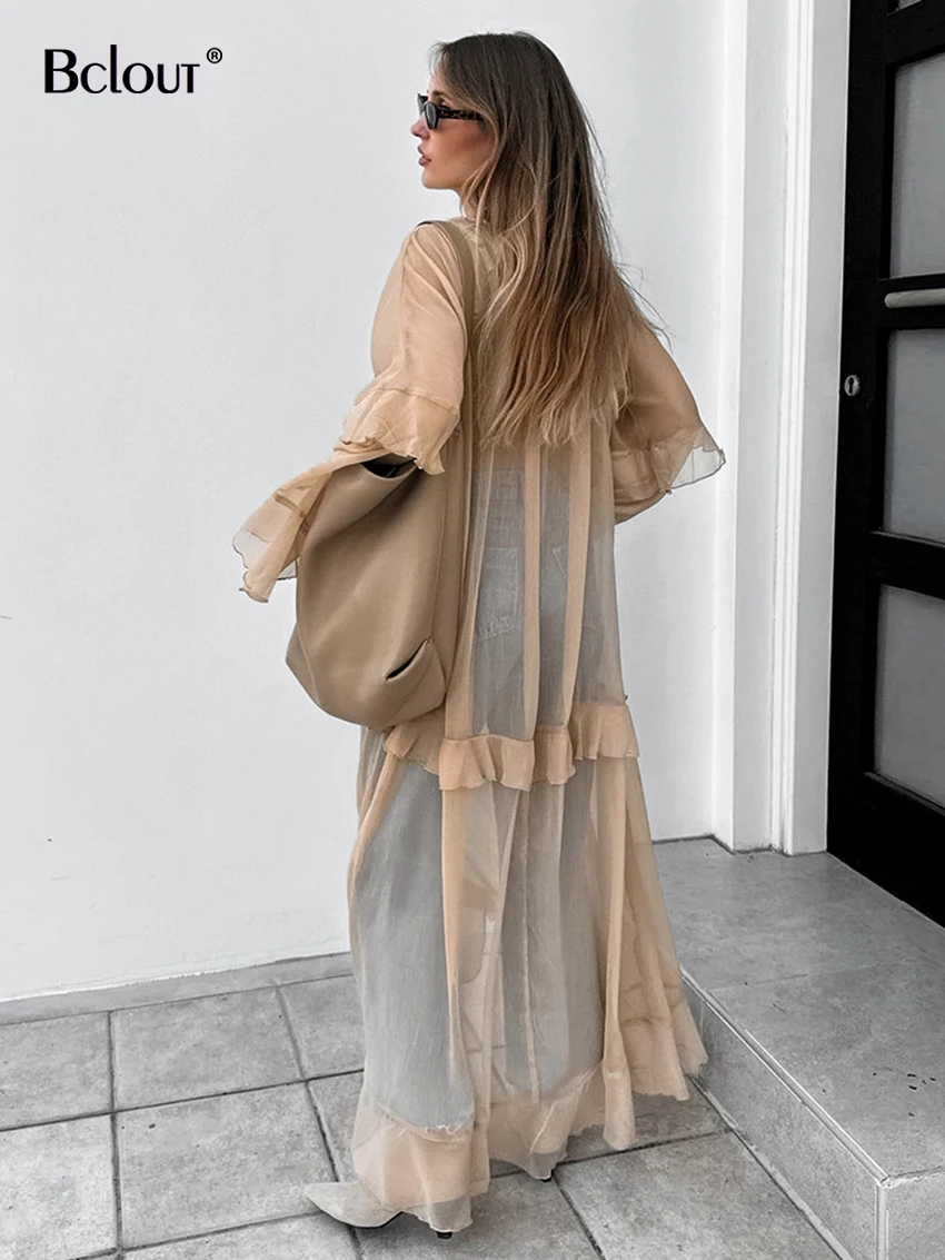 Bclout Fashion Loose Khaki Long Dress Women 2024 Streetwear O-Neck Transparent Sexy Dresses Casual Batwing Sleeve Ruffled Dress