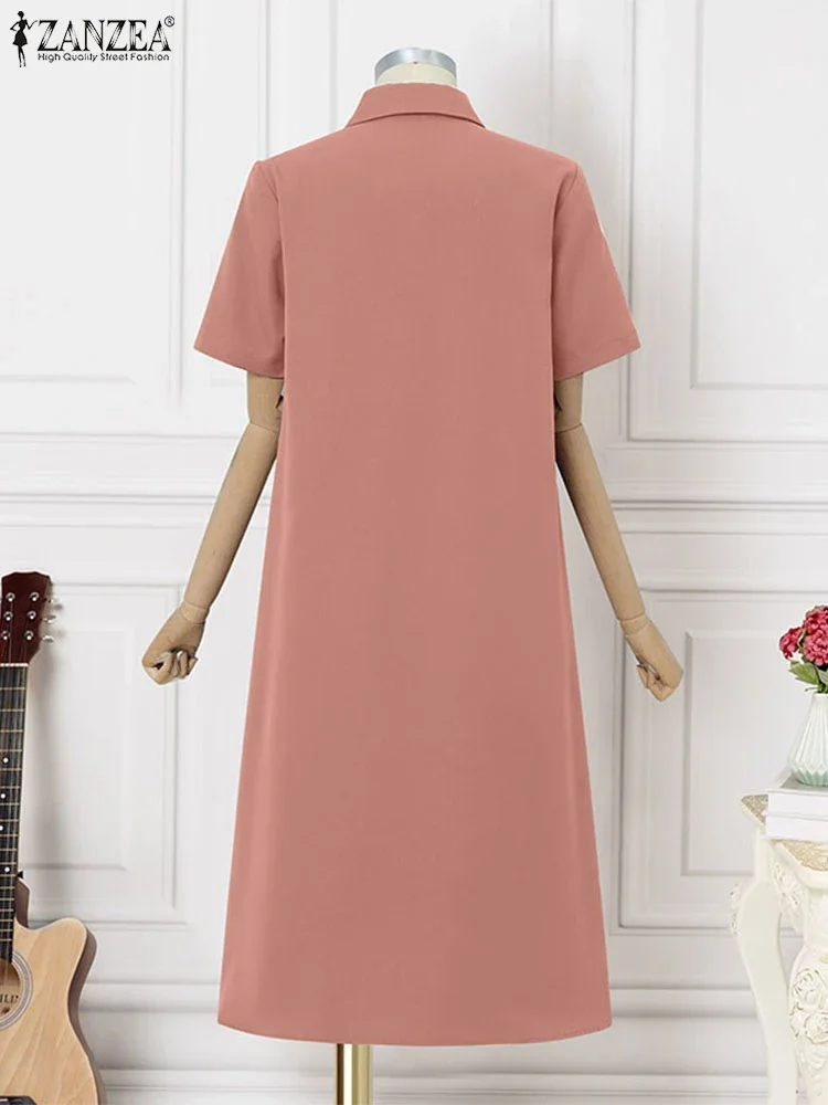 ZANZEA Women Summer Sundress Vintage Shirts Dress Solid Color Short Sleeve Loose Robe 2025 Summer Lapel Neck Pockets Vestidos