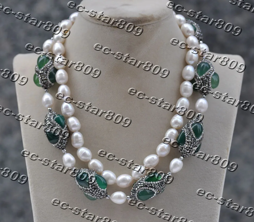 

Z11464 2Row 17" 30mm White Rice Freshwater Pearl Green Agate Shuttle CZ Necklace