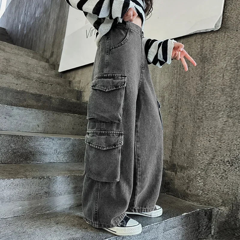 Dziecięce spodnie jeansowe na co dzień Nastoletnie dziewczęta Szerokie nogawki Cargo Jeans 2024 Jesienna moda Szkoła Młode dzieci Proste workowate