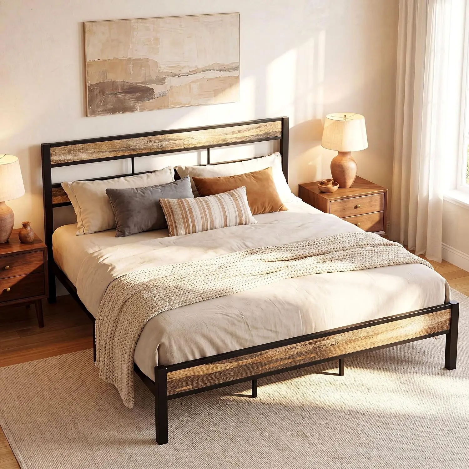 California King Bed Frame Headboard, Rustic Brown Metal Easy Assembly Noise-Free No Box Spring Strong Support, Customized