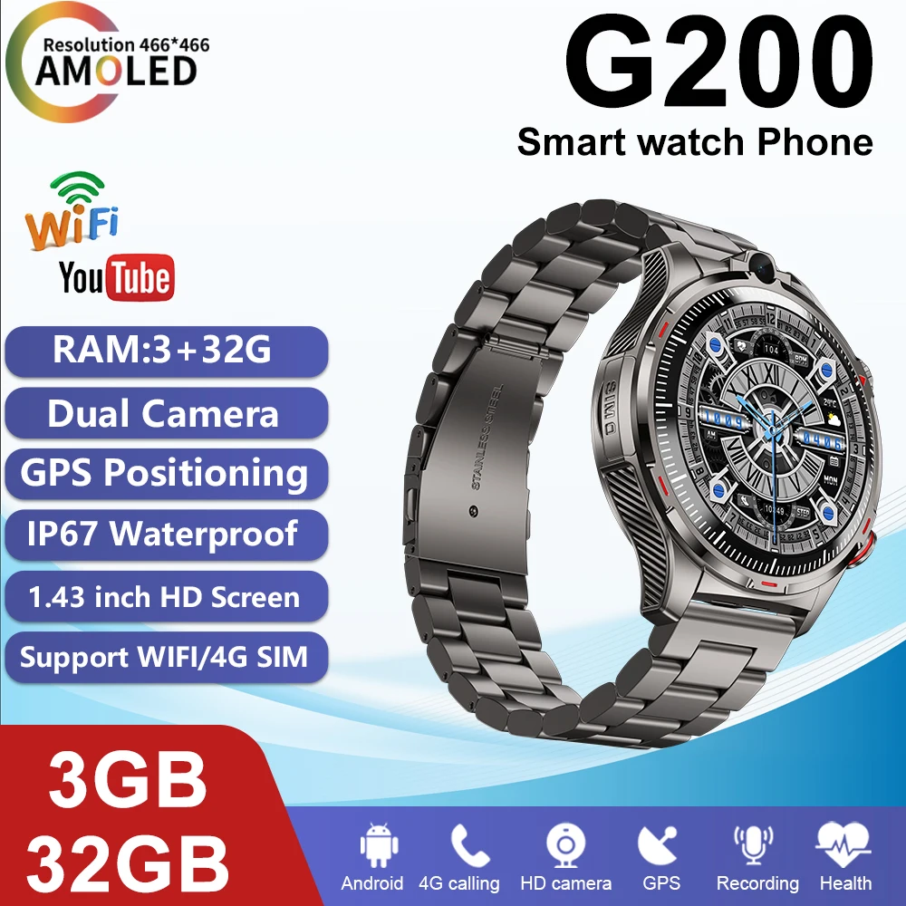 XUESEVEN G200 3G+32GB Smart Watch 4G Android Dual Camera Google Play Store WIFI GPS position 1.43inch Men Smartwatch Heart Rate