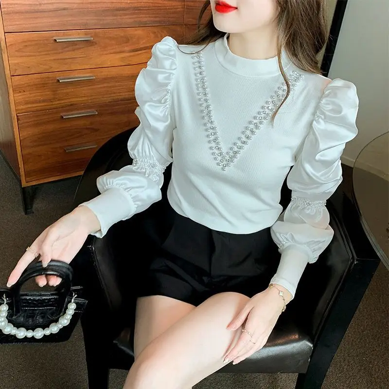 Elegant Stand Collar Beading Puff Sleeve Blouses Women\'s Clothing 2023 Autumn Winter Loose Casual Pullovers Office Lady Shirts