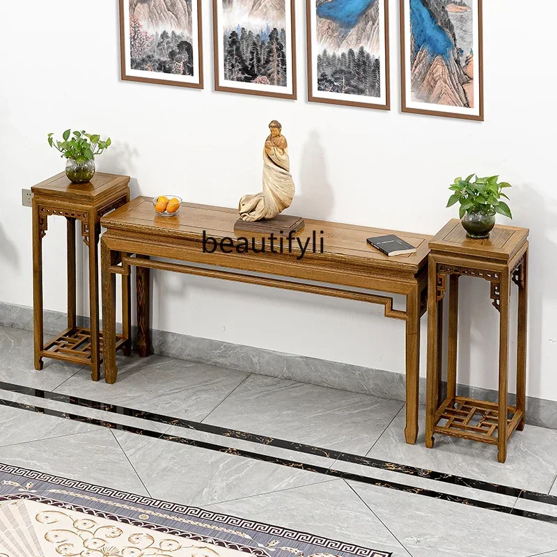 Entrance table Chicken wing wood flat head case Chinese solid wood strip case central hall serving table Buddhist platform lobby