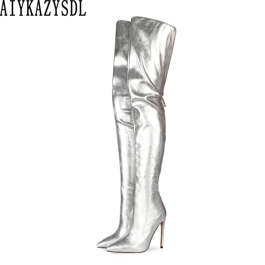 

AIYKAZYSDL Autumn Winter Thigh High Over The Knee Boots Metallic Boots Ridding Knight Clubwear Dress Prom Boots Shoes Women