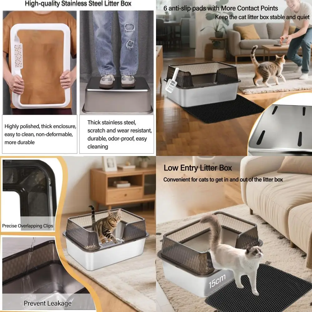 

Stainless Steel High-Sided Cat Litter Box with Lid, Scoop, and Mats, Suitable for Kittens and Medium Cats, Easy to Clean Transpa