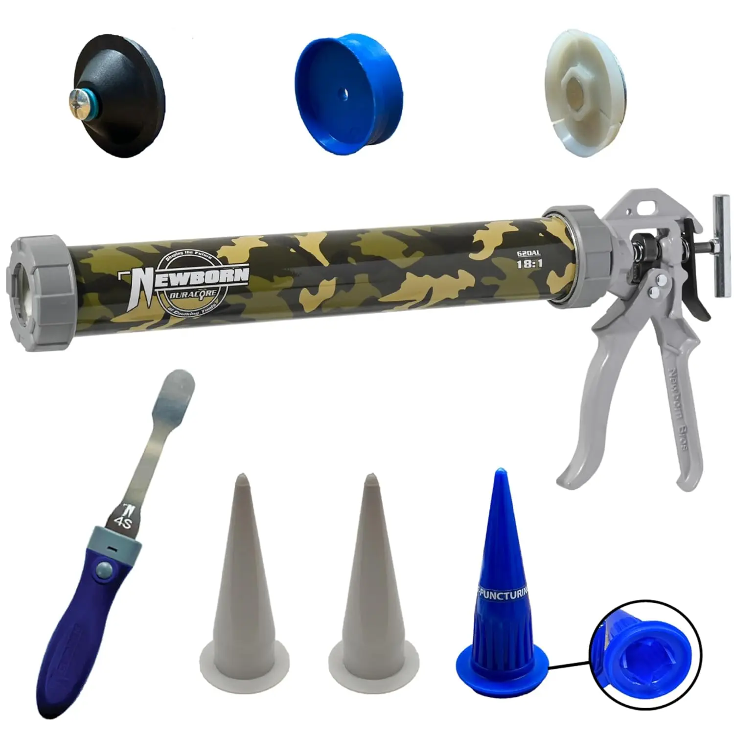 

620AL-CAMO Round Rod Caulk Gun with Aluminum Barrel - 18:1 Thrust Ratio | 20 oz. Sausage Cartridge Capacity | Includes Ring Cap,