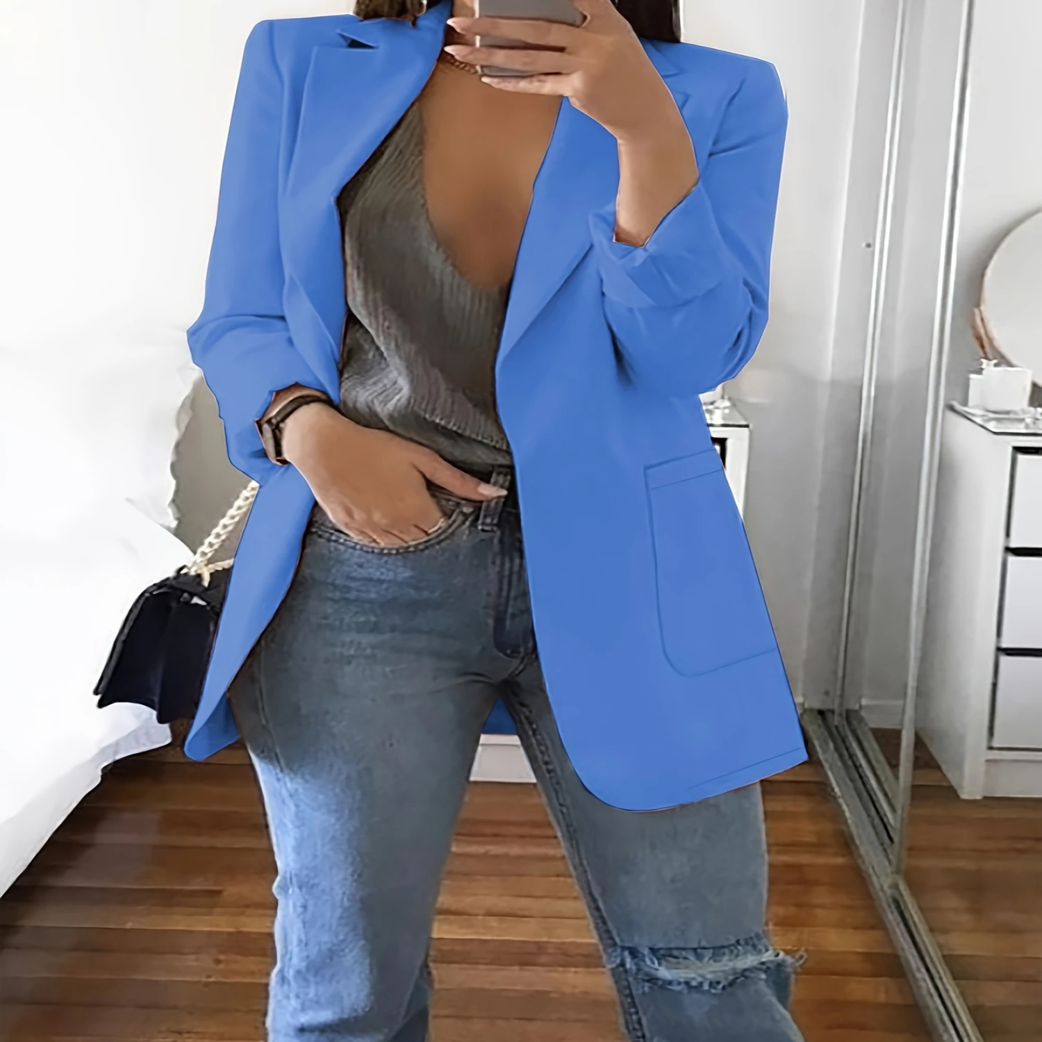 

Solid Open Front Blazer, Elegant Lapel Long Sleeve Blazer For Office & Work, Women's Clothing